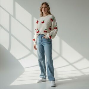 Ivory Chunky Knit Sweater with 3D Cherry Detail • Oversized Boho Christmas L